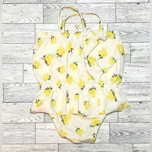 Baby Gap 6-12M Ivory With Yellow Floral Print Peplum Swimsuit- One Piece